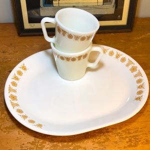 Butterfly Gold Corelle Platter and Pyrex Mugs